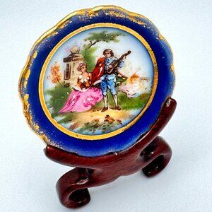 Limoges France Miniature Plate Romantic Courting Scene Wooden Stand Vtg 1.75"